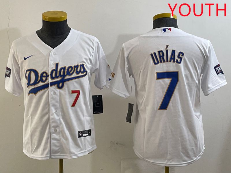 Youth Los Angeles Dodgers 7 Urias White Gold 2025 Nike MLB Jersey style 1